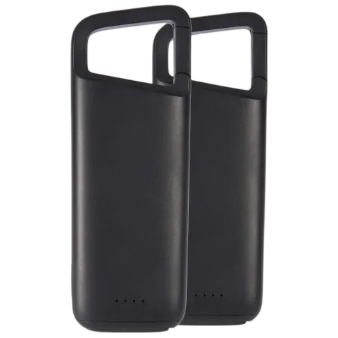 Two black phone case power banks with integrated handles, featuring LED indicators near the bottom.