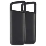 Two black phone case power banks with integrated handles, featuring LED indicators near the bottom.