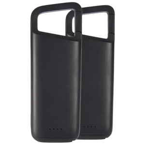 Two black phone case power banks with integrated handles, featuring LED indicators near the bottom.