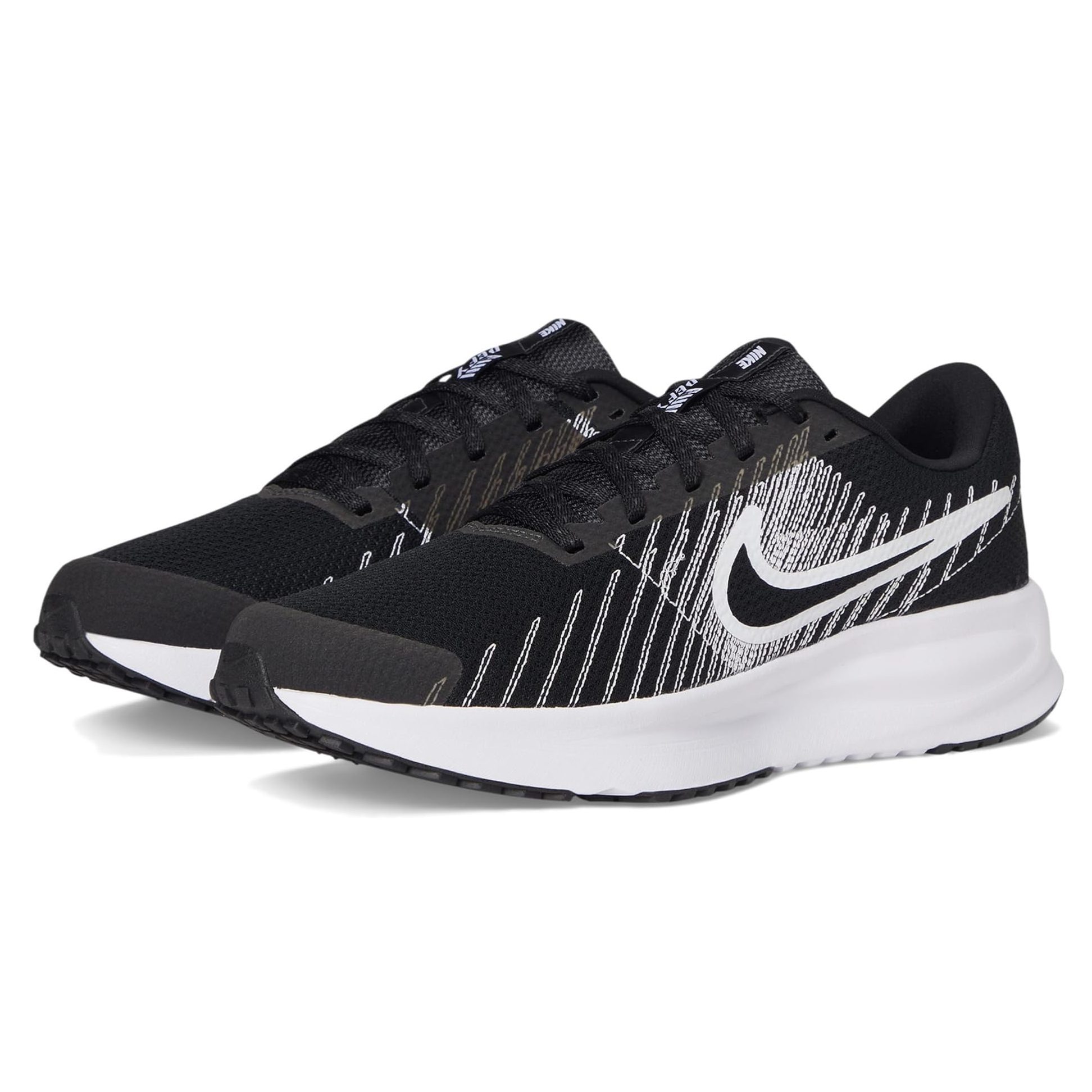 Black Nike running shoes with a white swoosh logo, featuring a patterned mesh upper and a white cushioned sole.