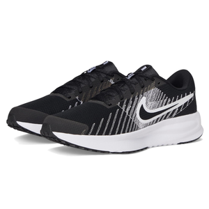 Black Nike running shoes with a white swoosh logo, featuring a patterned mesh upper and a white cushioned sole.