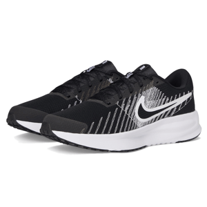 Black Nike running shoes with a white swoosh logo, featuring a patterned mesh upper and a white cushioned sole.