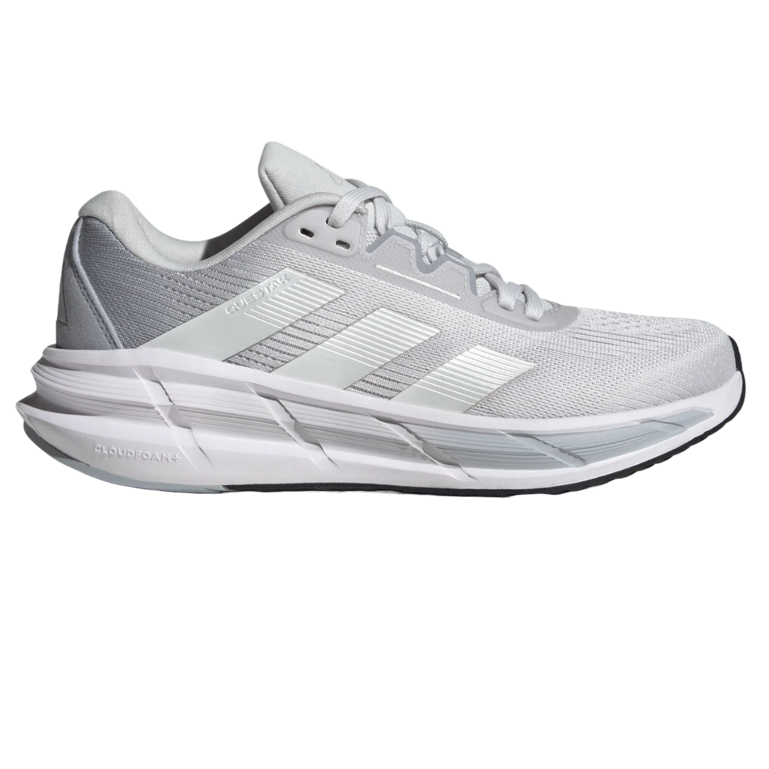 Adidas Women's Questar Running Shoes feature a sleek design in light grey with signature stripes, Cloudfoam cushioning, and a supportive mesh upper, ideal for comfort and style during runs.