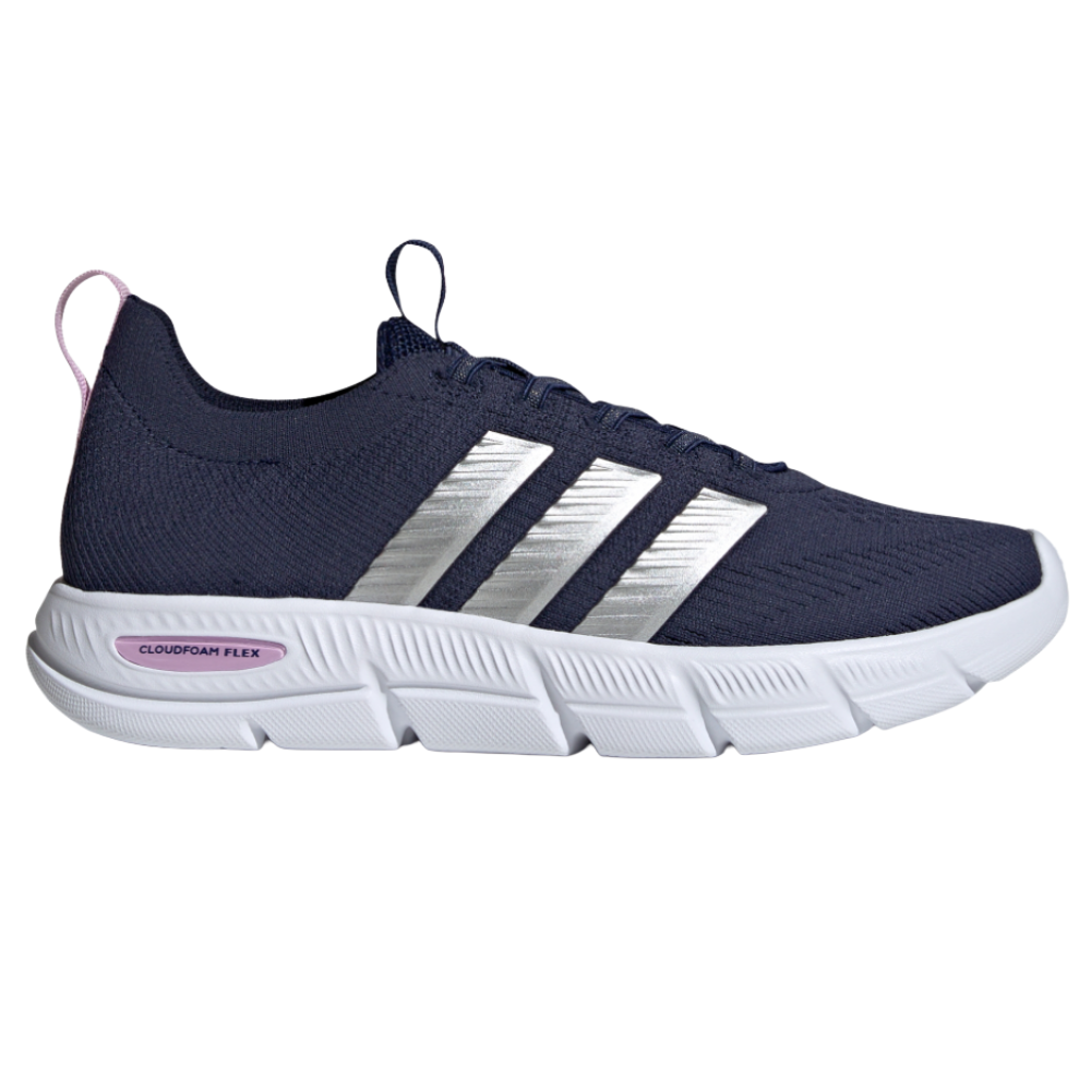 Navy blue athletic shoe with white sole and silver stripes, featuring \“Cloudfoam Flex\“ technology on the sole.