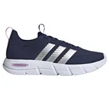 Navy blue athletic shoe with white sole and silver stripes, featuring \“Cloudfoam Flex\“ technology on the sole.