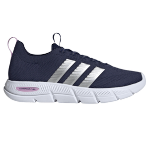 Navy blue athletic shoe with white sole and silver stripes, featuring \“Cloudfoam Flex\“ technology on the sole.