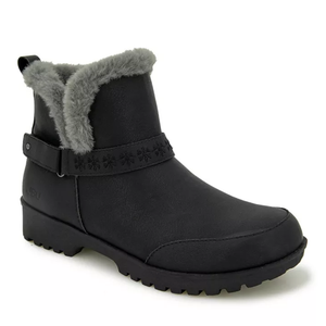 Black winter booties with faux fur lining, sturdy treaded sole, and decorative strap with embossed snowflake designs, designed for comfort and warmth.