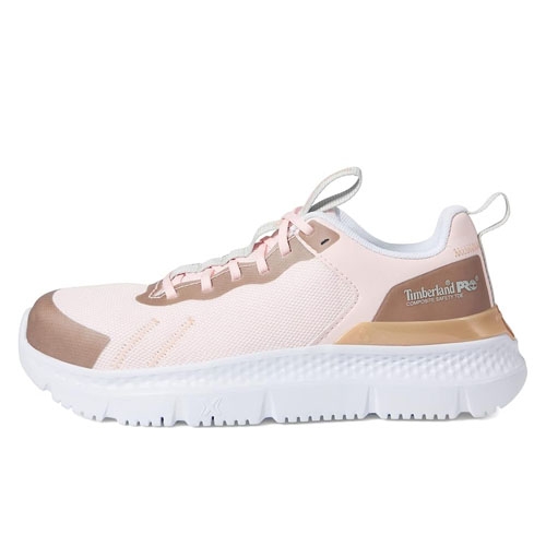 Timberland Pro Safety Toe Shoes are athletic-style safety footwear in light pink with tan accents, featuring a mesh upper for breathability, a slip-resistant white sole, and an alloy safety toe for protection.
