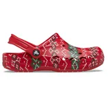 Red Crocs with a festive holiday pattern featuring green and white designs, showcasing the classic clog style with ventilation ports and an adjustable heel strap.