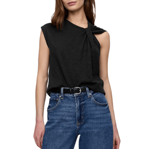 Sleeveless black twist-top T-shirt with a unique gathered design at the neckline, paired with blue jeans and a black belt.