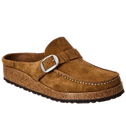 Brown suede clog with a large buckle, featuring a cork-like sole and contrast stitching.