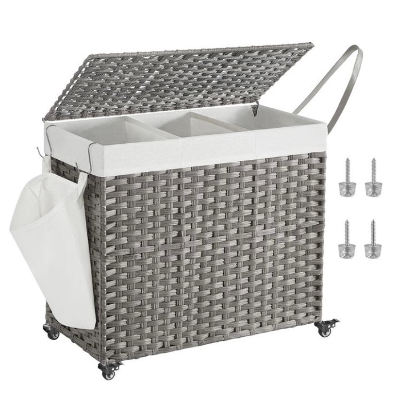 Wicker laundry hamper with a lid, three compartments, and wheels. Includes a side pocket and screws for assembly.