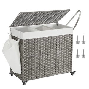 Wicker laundry hamper with a lid, three compartments, and wheels. Includes a side pocket and screws for assembly.
