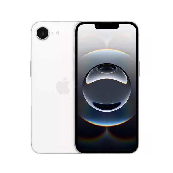 A white smartphone with a single rear camera and the Apple logo, displaying a dark screen with a circular light pattern design.