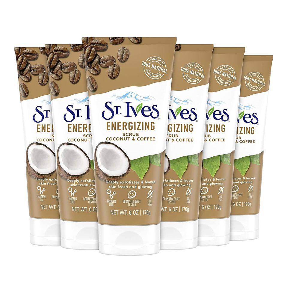 6-pack of St. Ives Energizing Scrub, Coconut & Coffee, 6 oz each, designed to deeply exfoliate and leave skin fresh and glowing. Formulated with 100% natural exfoliants, it's paraben-free, dermatologist-tested, and oil-free.