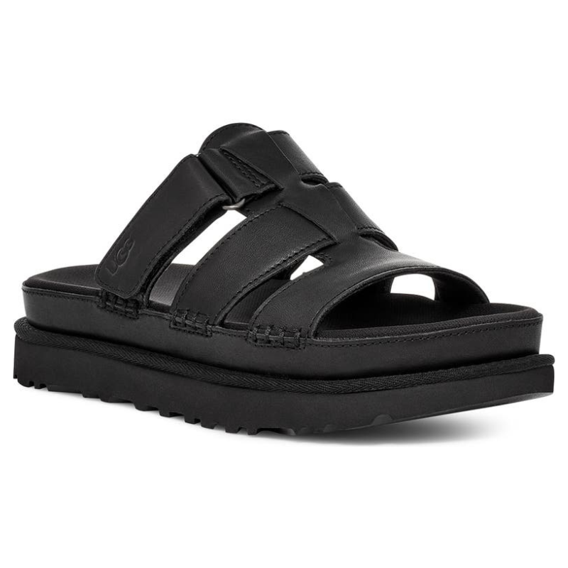 The UGG Goldenstar Slide Sandals feature a black leather upper with wide overlapping straps and a cushioned platform sole, designed for comfort and style.