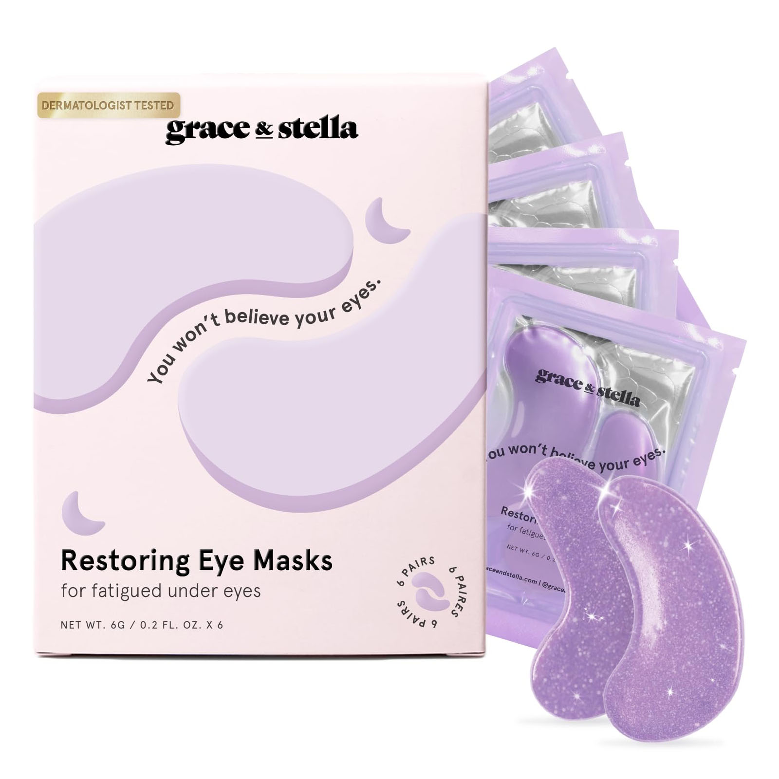 Grace & Stella Restoring Eye Masks for fatigued under eyes, 6 pairs total, are shown in purple packets with a sparkling design and feature the phrase \“You won’t believe your eyes.\“