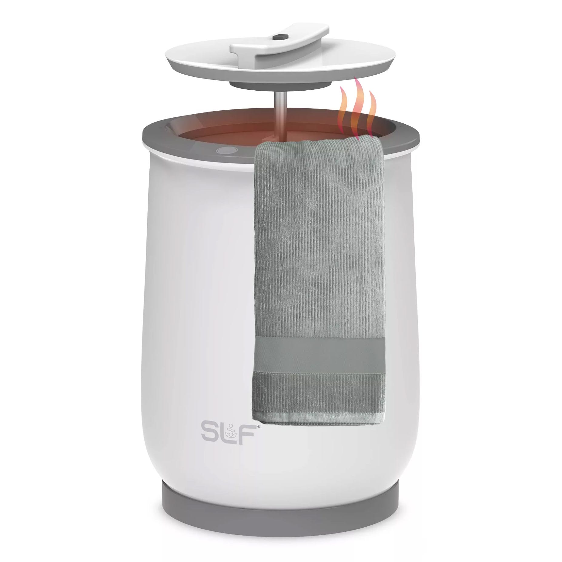A white towel warmer with a gray towel hanging from it, featuring a lid that lifts to release heat.