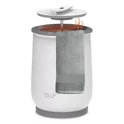 A white towel warmer with a gray towel hanging from it, featuring a lid that lifts to release heat.