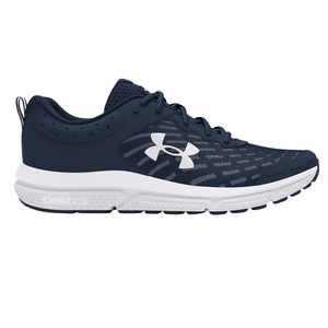 A navy and white Under Armour running shoe featuring a breathable mesh upper and a cushioned midsole labeled \“CHARGED\“ for enhanced comfort.