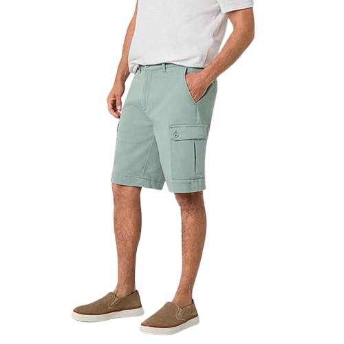 Light green 10\“ stretch cargo shorts featuring side and back pockets, a button closure, and belt loops. Paired with a white shirt and brown slip-on shoes.