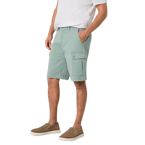 Light green 10\“ stretch cargo shorts featuring side and back pockets, a button closure, and belt loops. Paired with a white shirt and brown slip-on shoes.