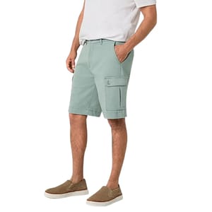 Light green 10\“ stretch cargo shorts featuring side and back pockets, a button closure, and belt loops. Paired with a white shirt and brown slip-on shoes.