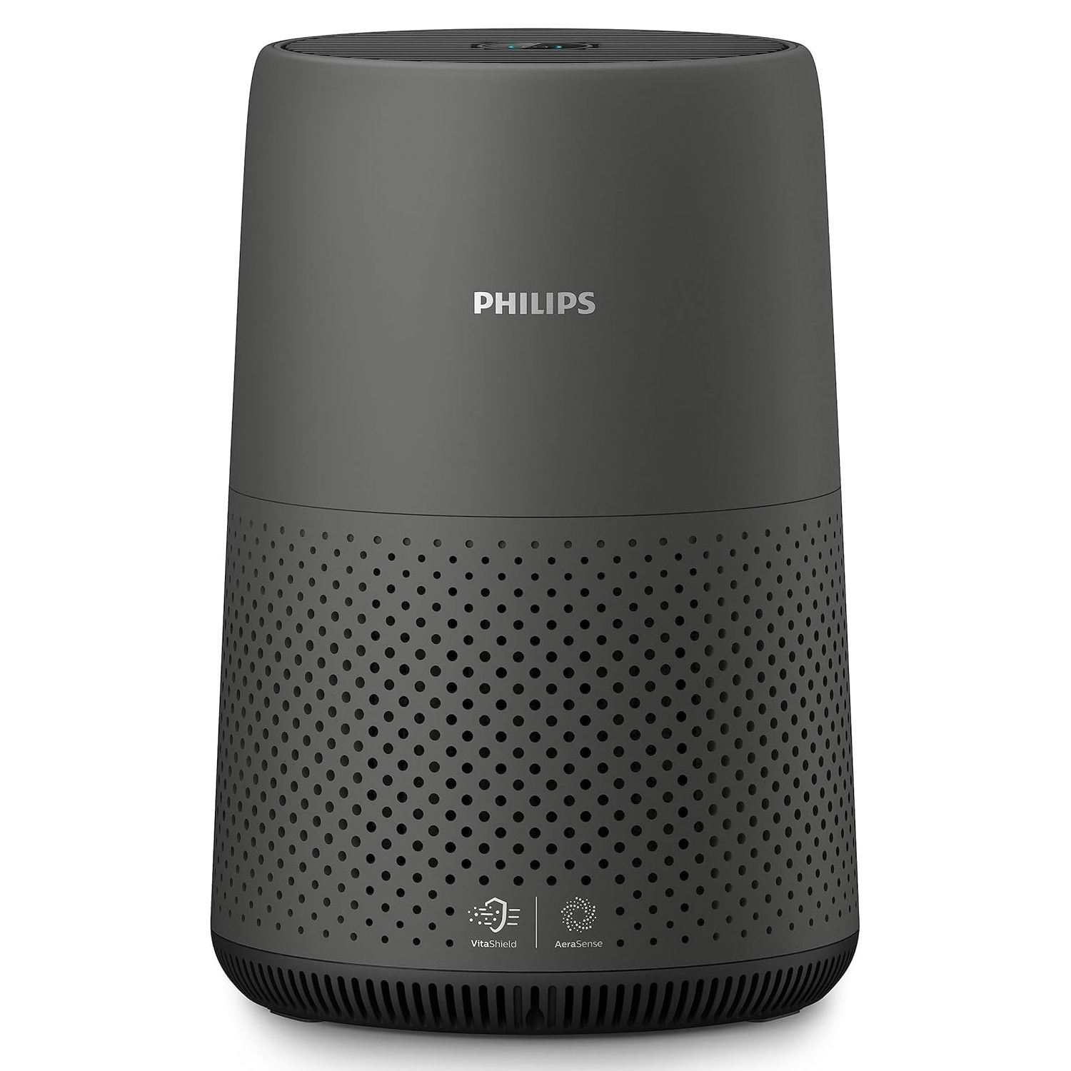 Philips HEPA Air Purifier in a sleek cylindrical design features perforated sides for air intake, equipped with VitaShield and AeraSense technology for effective air purification.