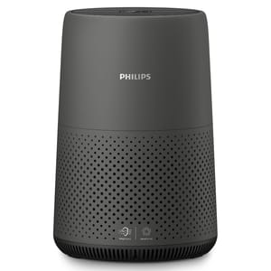 Philips HEPA Air Purifier in a sleek cylindrical design features perforated sides for air intake, equipped with VitaShield and AeraSense technology for effective air purification.