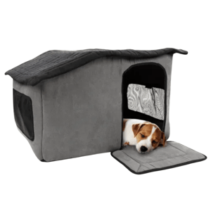 A small dog is resting inside a gray fabric pet house with an open entrance and quilted roof. The house features mesh windows on the sides.