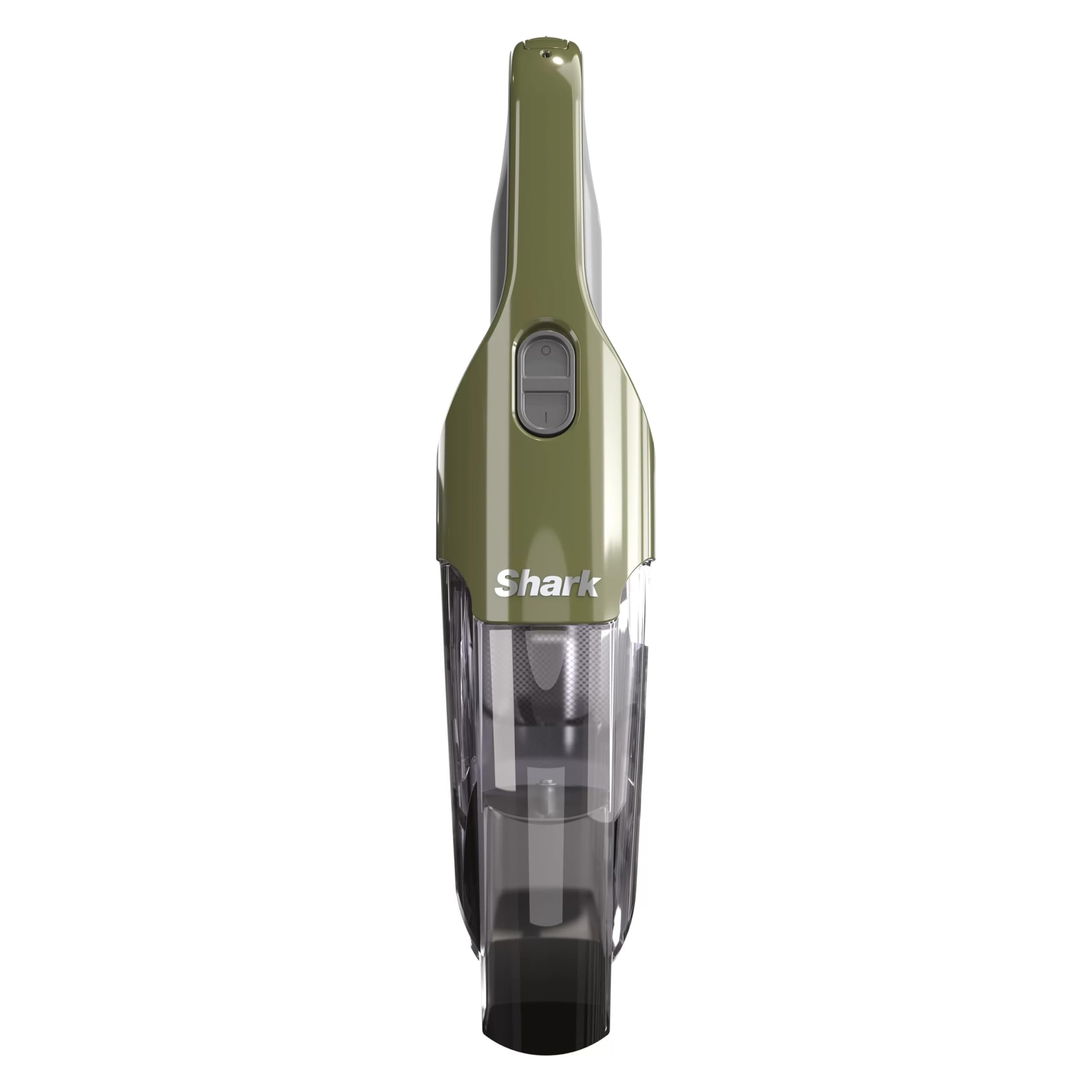 Shark Cyclone Handheld Vacuum in green features a compact, cordless design with a prominent power button, transparent dustbin, and Shark branding. Suitable for quick clean-ups and easy handling.