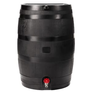 A black, 50-gallon eco rain barrel with a realistic wood grain texture, featuring a flat back design, overflow channel, and a metal screen for debris filtering. It includes a red spigot for water dispensing.