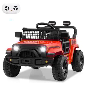 A red toy ride-on Jeep with realistic features, including a grille, headlights, and rugged tires, accompanied by a simple white remote controller for adult supervision.