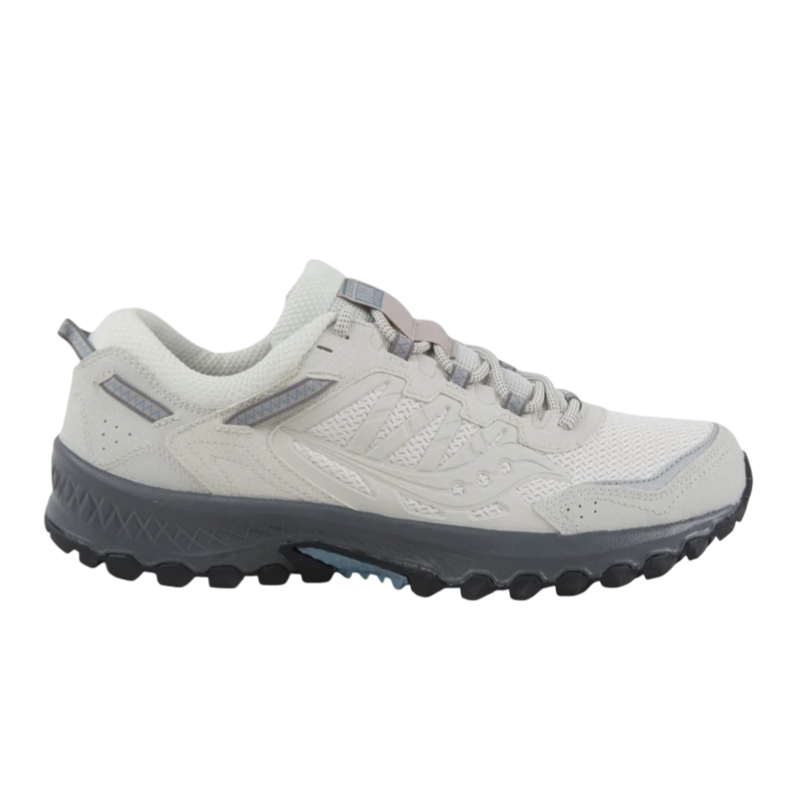A light gray and white trail running shoe featuring a rugged black sole, mesh upper for breathability, and reinforced areas for durability.