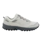 A light gray and white trail running shoe featuring a rugged black sole, mesh upper for breathability, and reinforced areas for durability.