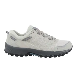 A light gray and white trail running shoe featuring a rugged black sole, mesh upper for breathability, and reinforced areas for durability.