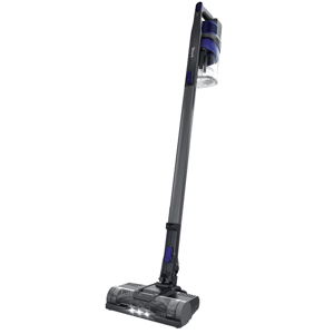A cordless stick vacuum cleaner with an upright design, LED headlights, and a transparent dustbin for easy visibility of contents.