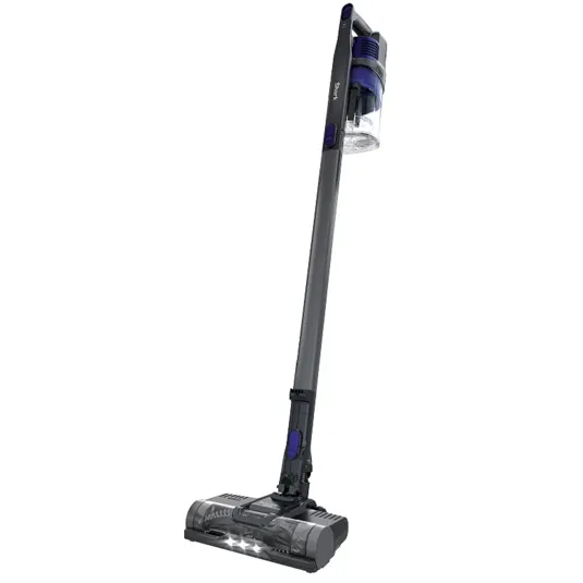A cordless stick vacuum cleaner with an upright design, LED headlights, and a transparent dustbin for easy visibility of contents.