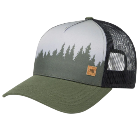 A trucker cap featuring a forest silhouette design, with a green bill and mesh back.
