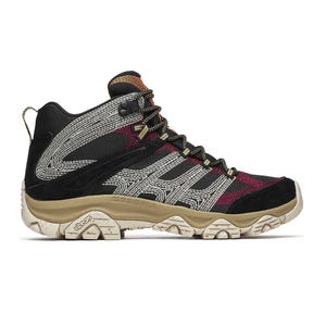 Merrell Moab 3 Mid Hiking Boots feature a rugged design with black, gray, and red mesh uppers, durable ankle support, and a beige Vibram sole for traction on rough terrain.