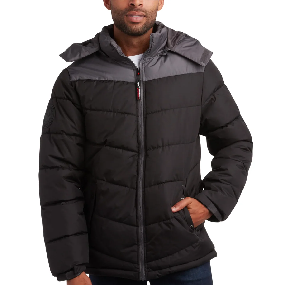 Black and gray puffer jacket with a hood and a zip front closure.