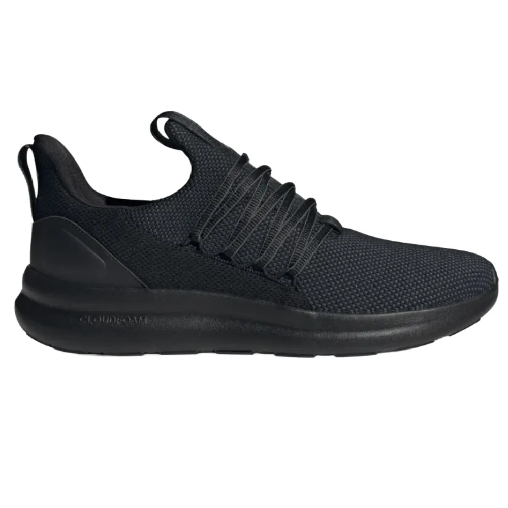 Black athletic sneaker with a streamlined design, featuring a textured knit upper, thick sole, and cloudfoam cushioning for comfort.