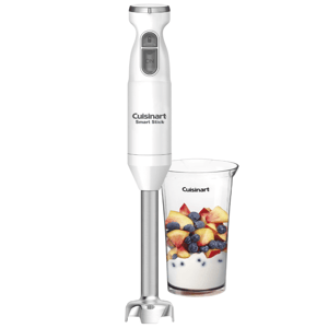 A Cuisinart Smart Stick hand blender with an accompanying clear measuring cup filled with yogurt, blueberries, and sliced peaches.