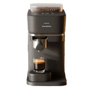 Philips Barista espresso machine with a sleek black design features a built-in coffee bean grinder and a spout for brewing espresso directly into a cup.