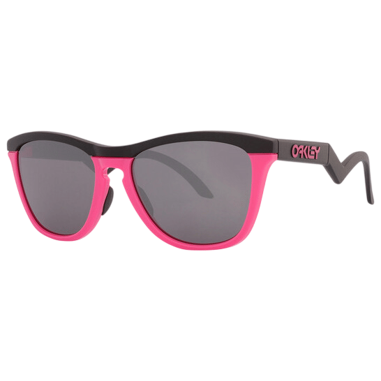 Oakley sunglasses with a black and pink frame and dark lenses, featuring the Oakley logo on the arms.