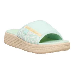 Mint green slide sandal with a fabric strap, decorative leaf patterns, and a beige, textured platform sole.