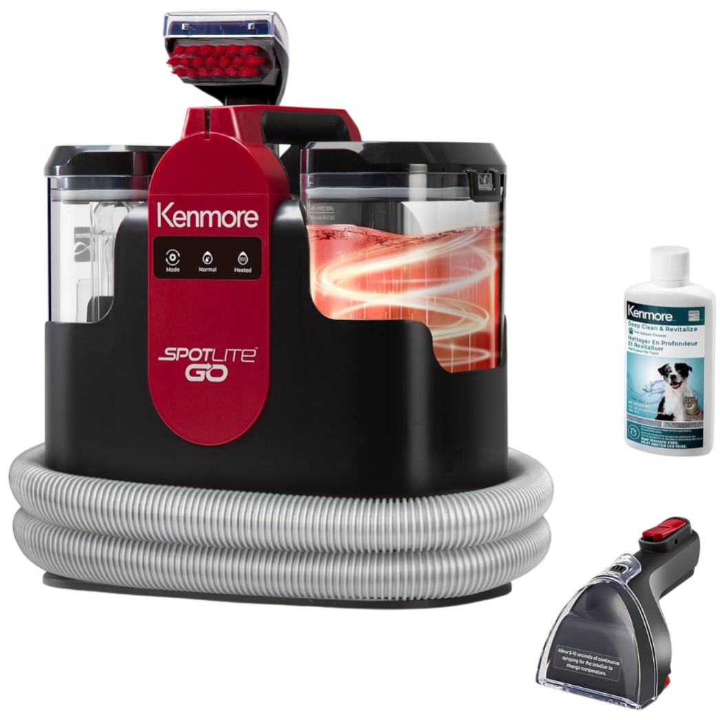 Kenmore Spotlite Go portable carpet cleaner with dual tanks, a flexible hose, and a cleaning formula bottle included.