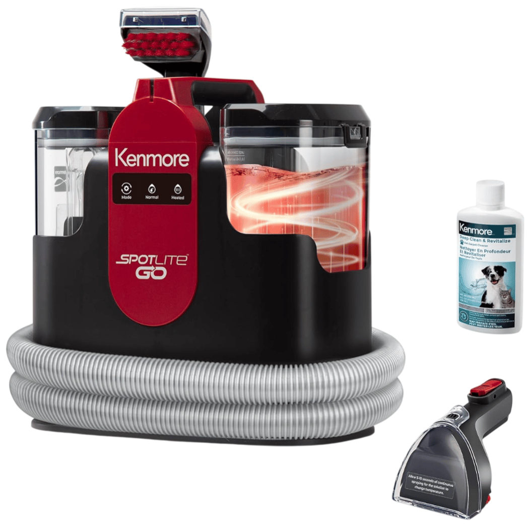 Kenmore Spotlite Go portable carpet cleaner with dual tanks, a flexible hose, and a cleaning formula bottle included.