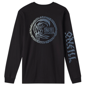 Black long-sleeve t-shirt with a circular wave design and \“O'Neill\“ text on the back and sleeve.