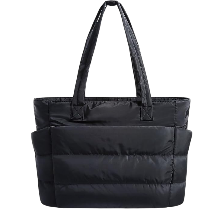 A black quilted tote bag with sturdy handles, featuring an exterior pocket and side pockets for additional storage.